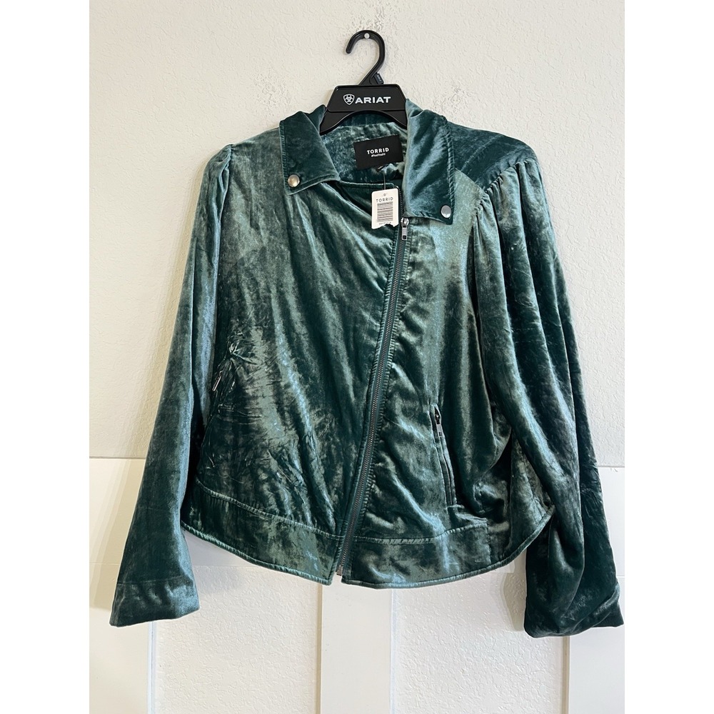 Torrid Women Green Velvet Moto Jacket Emerald Collared Zip 2 2x NWT 19173248